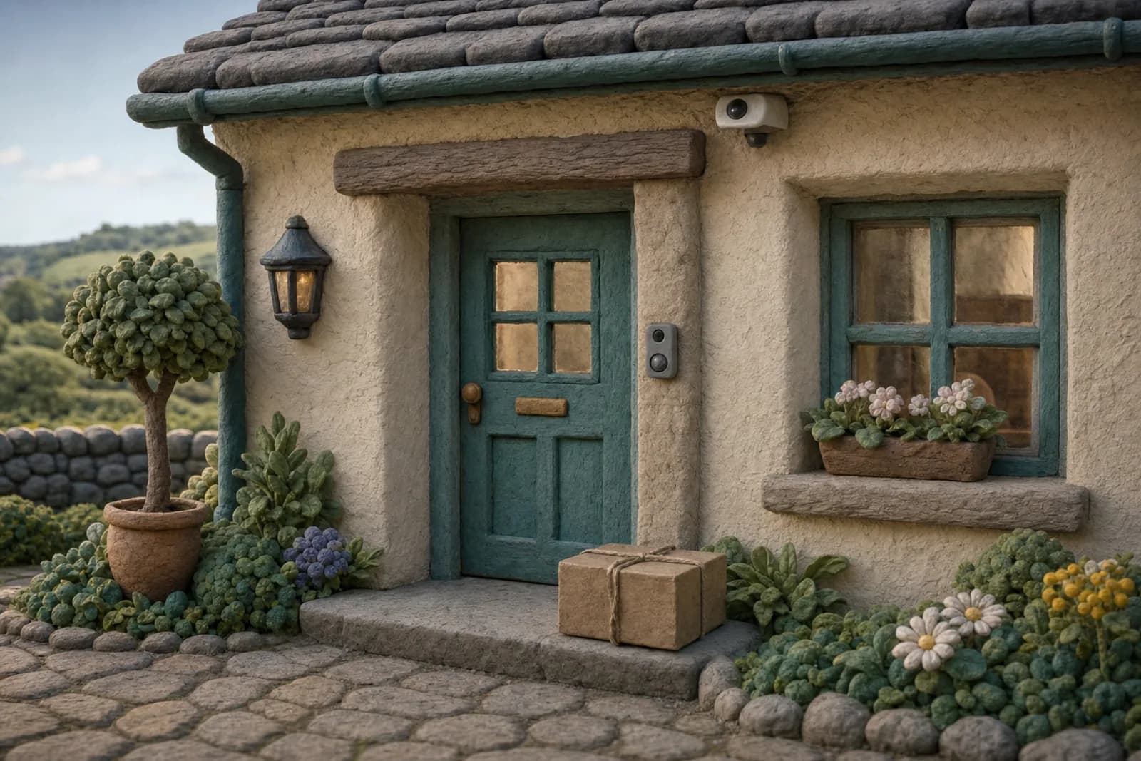 Clay illustration of a front porch with a plain video doorbell and a small camera under the eaves