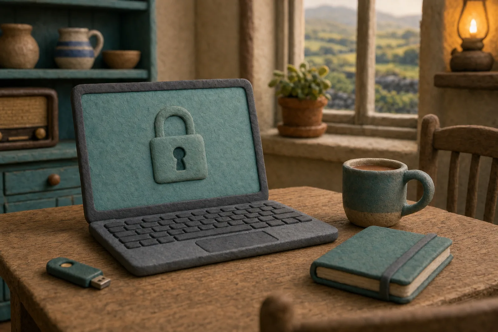 Clay illustration of a laptop with a padlock on screen and a small security key beside it