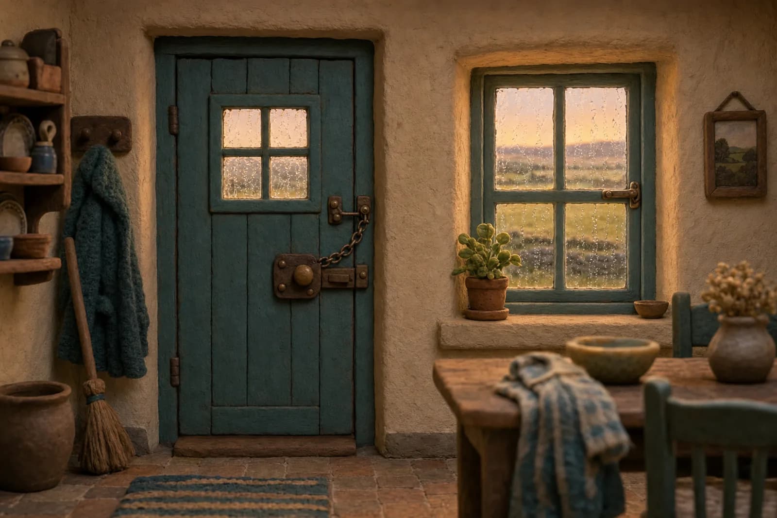 Clay illustration of a kitchen back door with a lock and chain beside a window