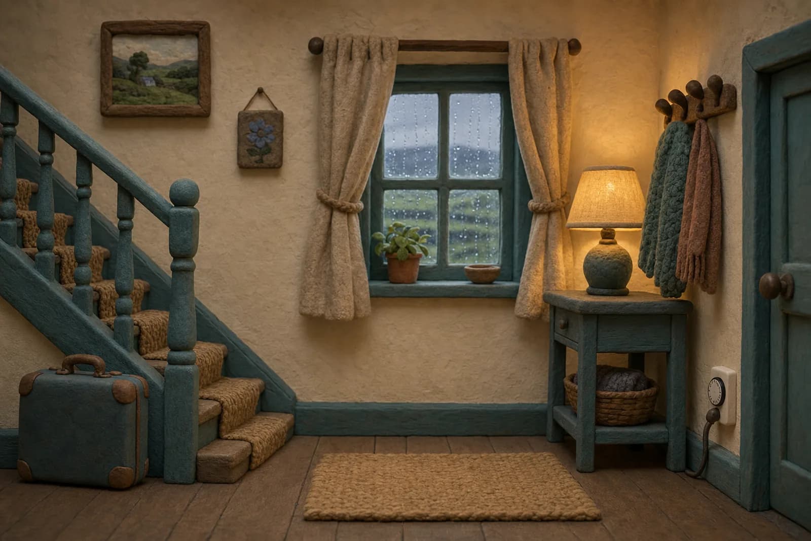 Clay illustration of a cottage hallway with a packed suitcase by the stairs and a lamp lit beside a plug-in timer