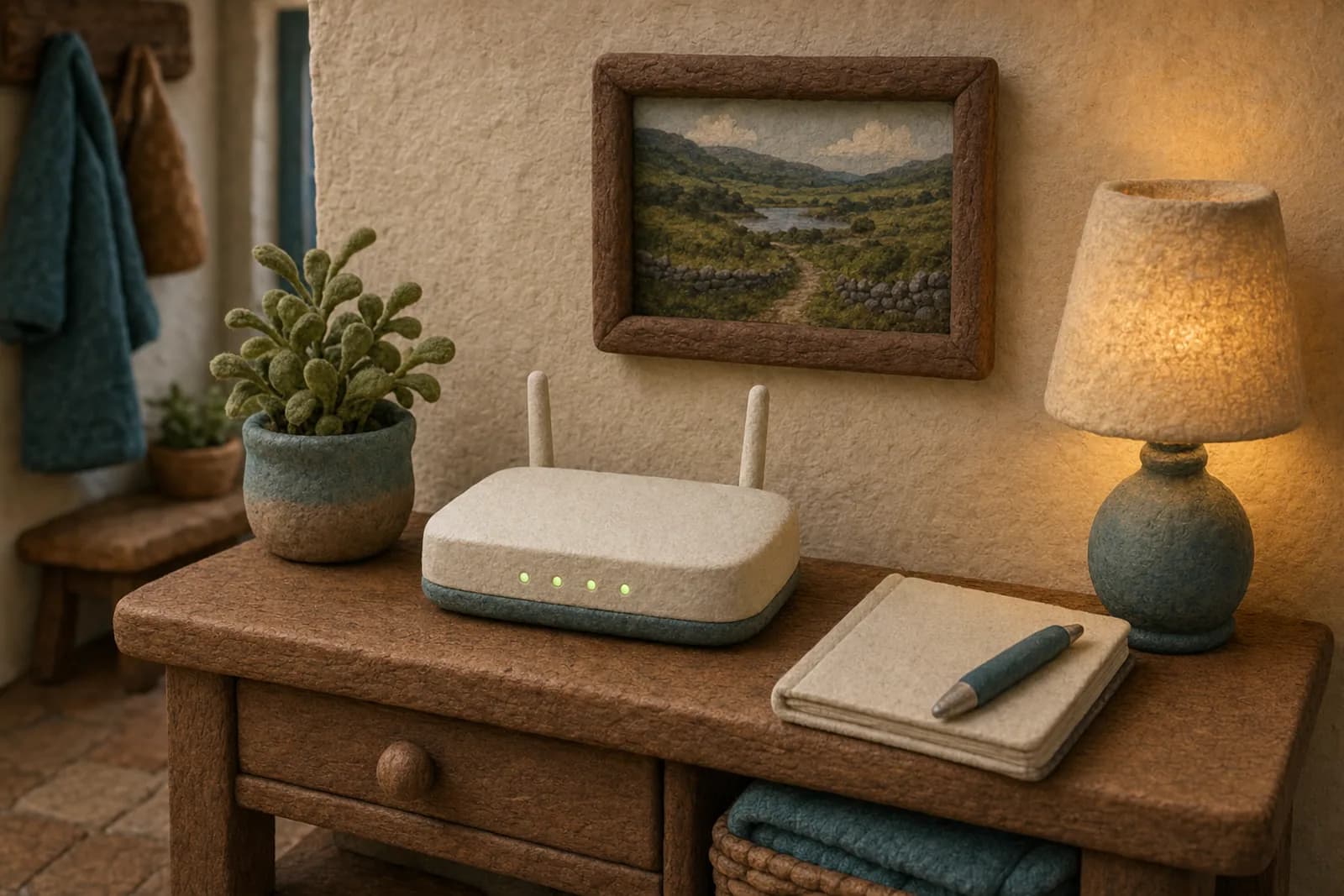 Clay illustration of a plain home Wi-Fi router on a hall table, beside a plant, a notepad and a lamp
