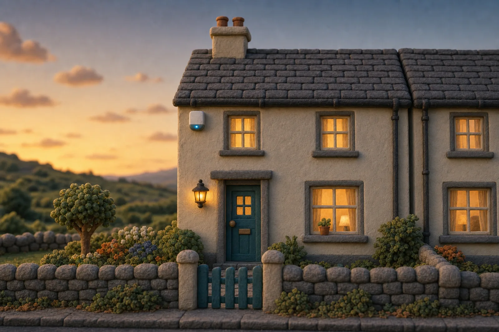 Clay illustration of an Irish house at dusk with a plain alarm box on the wall