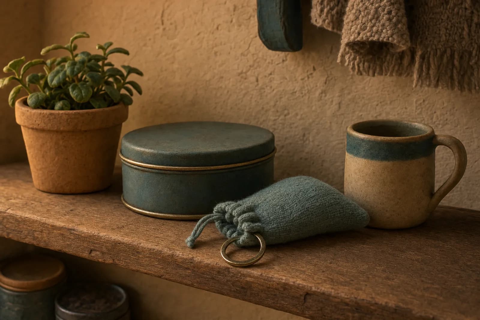 Clay illustration of a closed key pouch beside a biscuit tin on a kitchen shelf