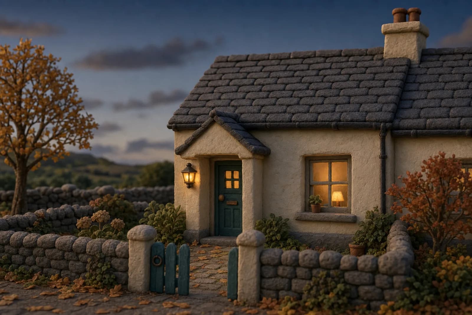 Clay illustration of an Irish cottage at dusk with a lamp lit in the window and the porch light on
