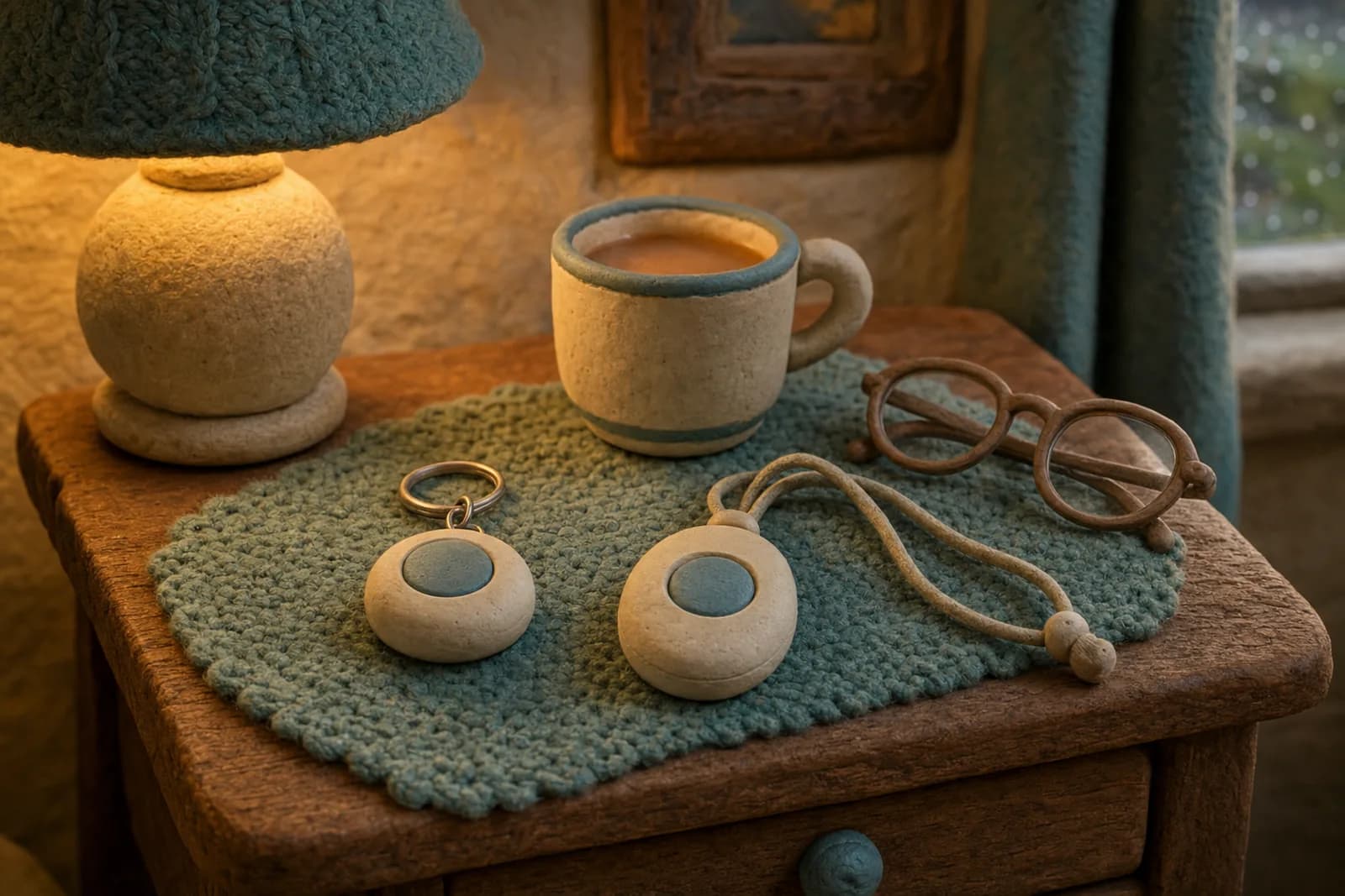 Clay illustration of a keyring alarm and a pendant alarm on a bedside table