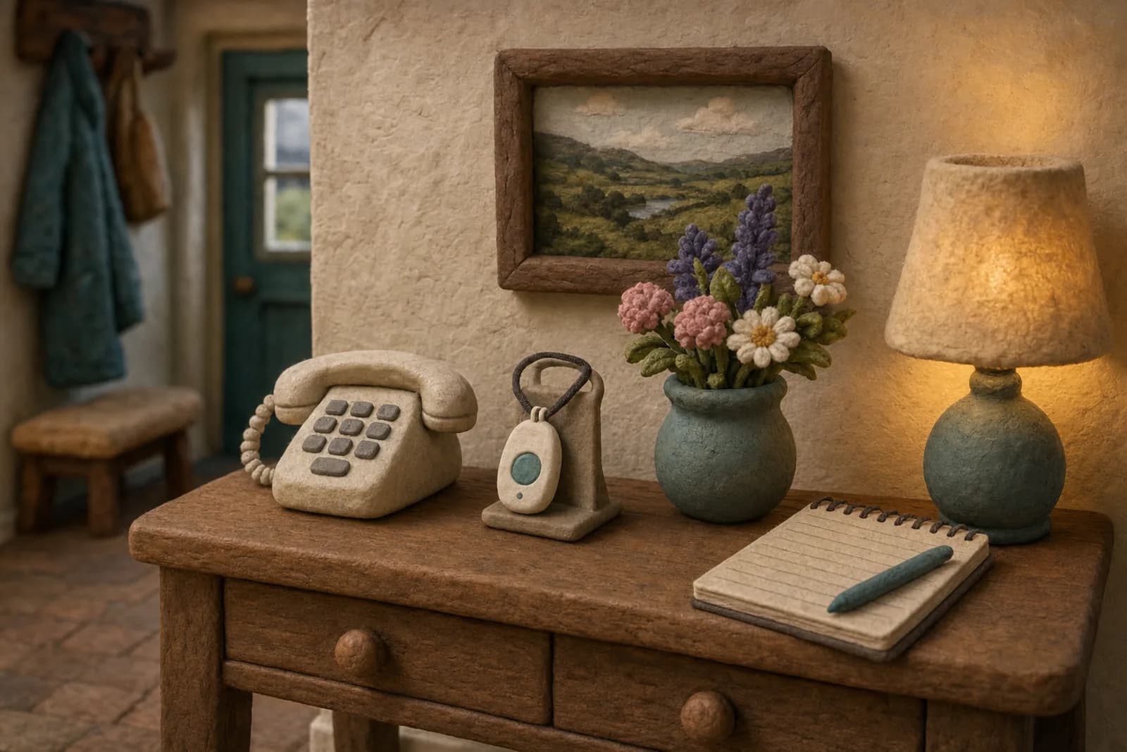 Clay illustration of a hall table with a landline phone and a pendant alarm on a stand