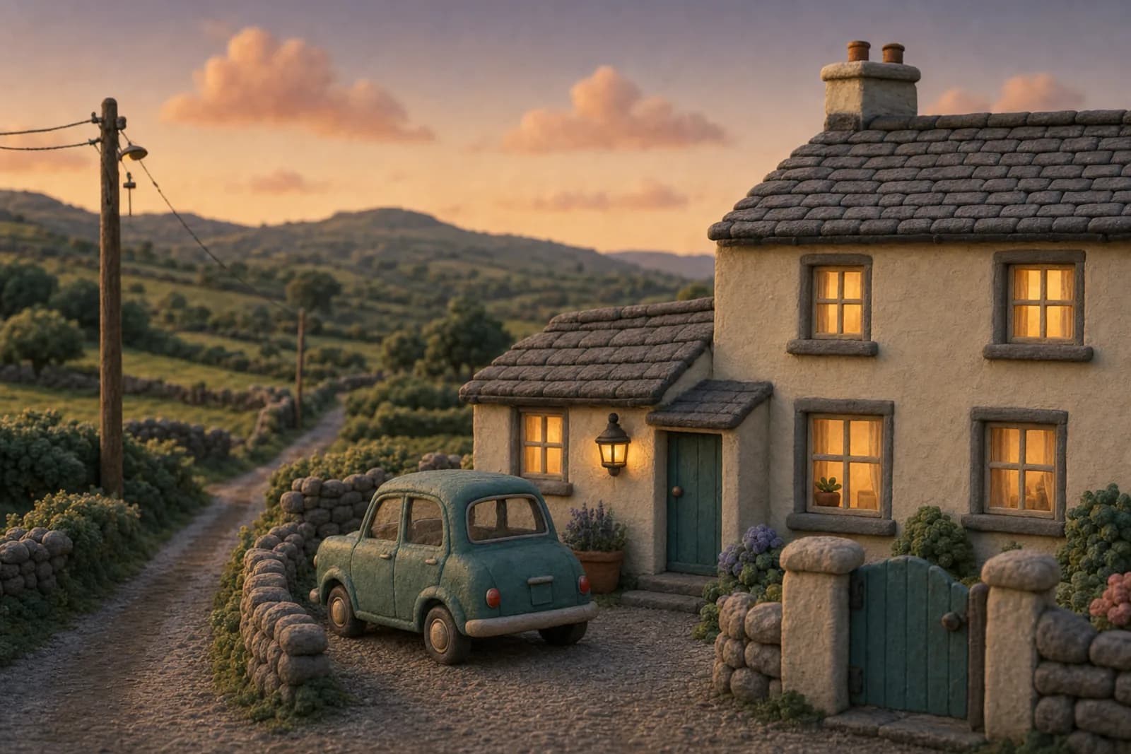 Clay illustration of a small green car parked beside a stone cottage at dusk, under a lit lantern by the door