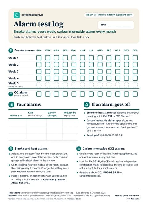 The colour sheet: a year of tick boxes, one for each week for the smoke alarms and one each month for the carbon monoxide alarm, a table for your alarms, and what to do if an alarm goes off