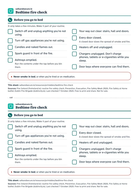 The colour sheet as it prints on A4: two copies of the same card, one above the other with a cut line between, each a tick list headed Before you go to bed, from switching off and unplugging to door keys where everyone can find them