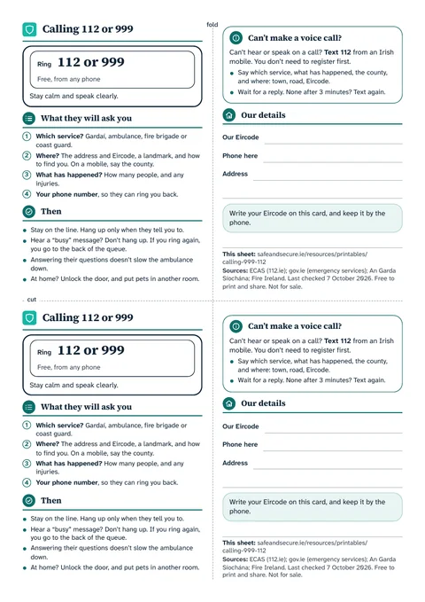 The colour sheet as it prints on A4: two copies of the card, one above the other with a cut line between, each with what 112 or 999 will ask you on the left, and on the right, past the fold line, how to text 112 and spaces for your Eircode and phone number