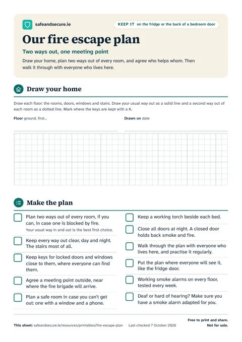 The first page of the colour plan: a squared grid to draw each floor of your home, and a checklist for making the plan, from two ways out of every room to a meeting point outside