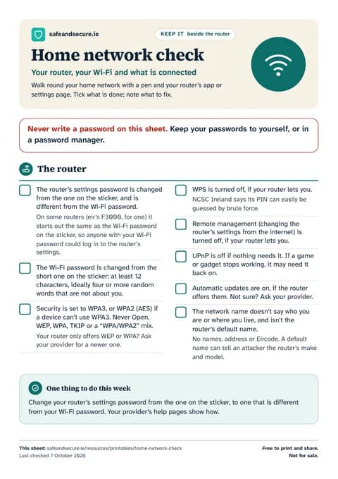The first page of the colour sheet: a reminder never to write a password on it, eight checks for the router, from its settings password and the Wi-Fi password to WPA3 or WPA2, WPS and the network name, and one thing to do this week