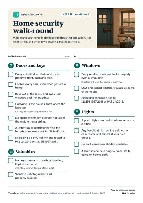 The first page of the colour checklist: tick boxes for doors and keys, windows, lights and valuables, with a line for the date you walked round
