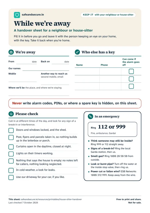 The first page of the colour sheet: dates away and how to reach you, who else has a key, what to check when calling in, and who to ring in an emergency, with a reminder never to write alarm codes or PINs on it