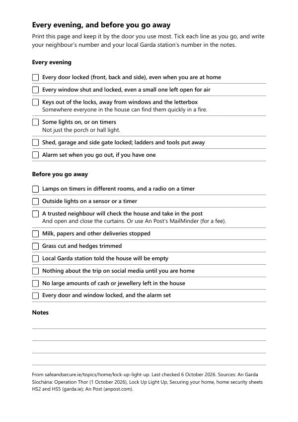 The first page of the sheet: two tick lists headed Every evening and Before you go away, with lines for notes