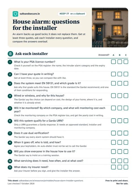 The first page of the sheet: a list of questions for an alarm installer, each with a box to tick, and lines for notes