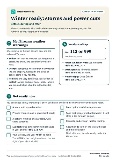 The first page of the colour sheet: what Met Éireann’s yellow, orange and red warnings mean, the numbers to keep for power cuts, gas and water, and a checklist to get ready now
