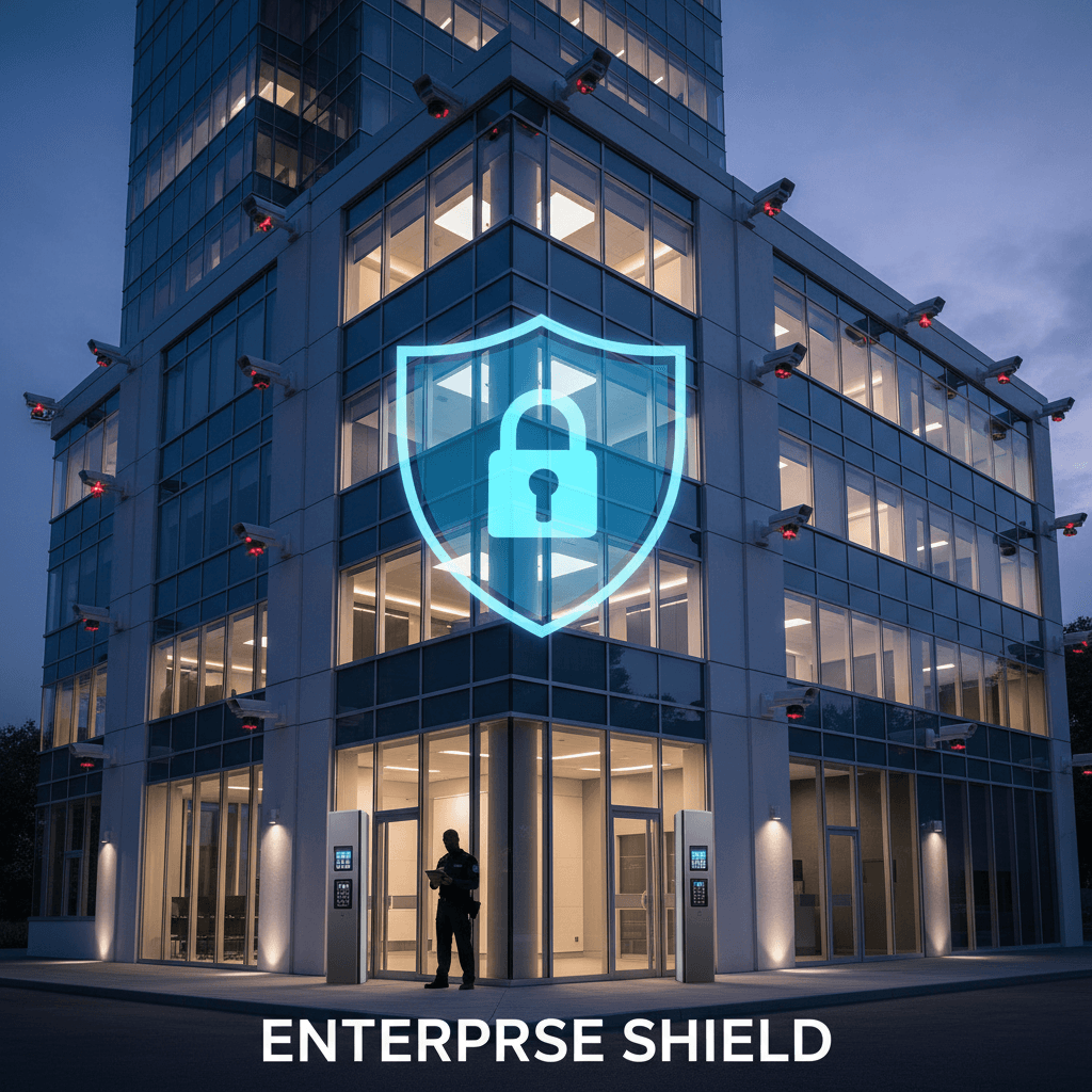 Corporate building with security features
