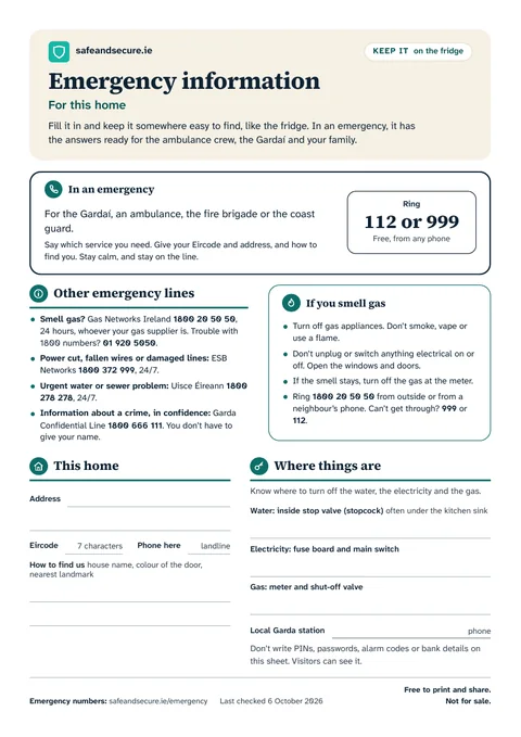 The first page of the colour sheet: Ring 112 or 999 in an emergency, the gas, electricity and water emergency lines, what to do if you smell gas, and spaces to fill in about this home and where things are