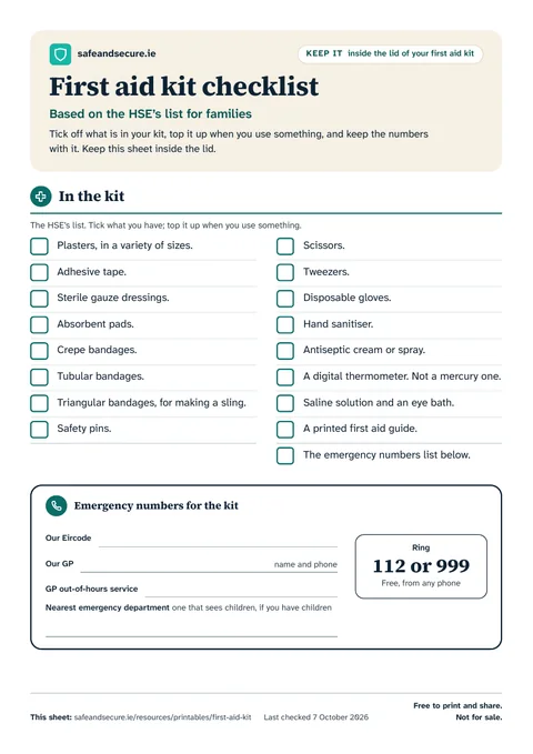 The first page of the colour checklist: the HSE’s list of what goes in a first aid kit, each with a box to tick, and a box for your Eircode, GP and emergency numbers