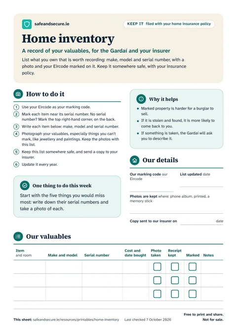 The first page of the colour sheet: how to mark and record your valuables with your Eircode, why it helps, your details, and a table for each item with make, model and serial number
