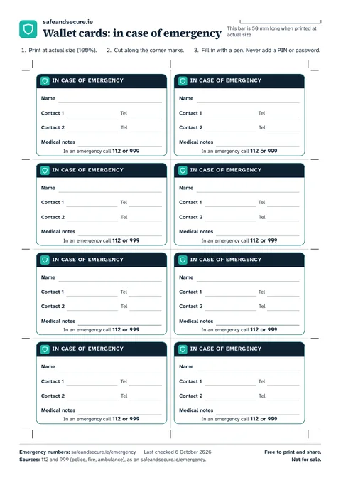 The colour sheet of eight wallet cards, each headed In case of emergency, with lines for a name, two contacts with their phone numbers and medical notes, and In an emergency call 112 or 999 at the foot