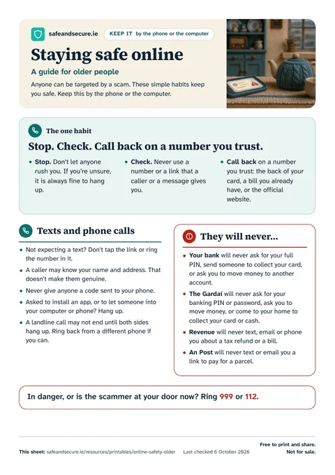 The first page of the colour guide: the one habit, Stop. Check. Call back on a number you trust, then tips for texts and phone calls, and what your bank, the Gardaí, Revenue and An Post will never do